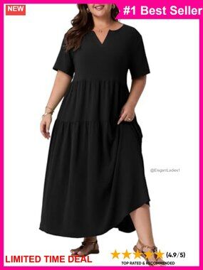 Plus Size Maxi Dress Tiered V-Neck Short Sleeve Pockets Flowy Boho Summer